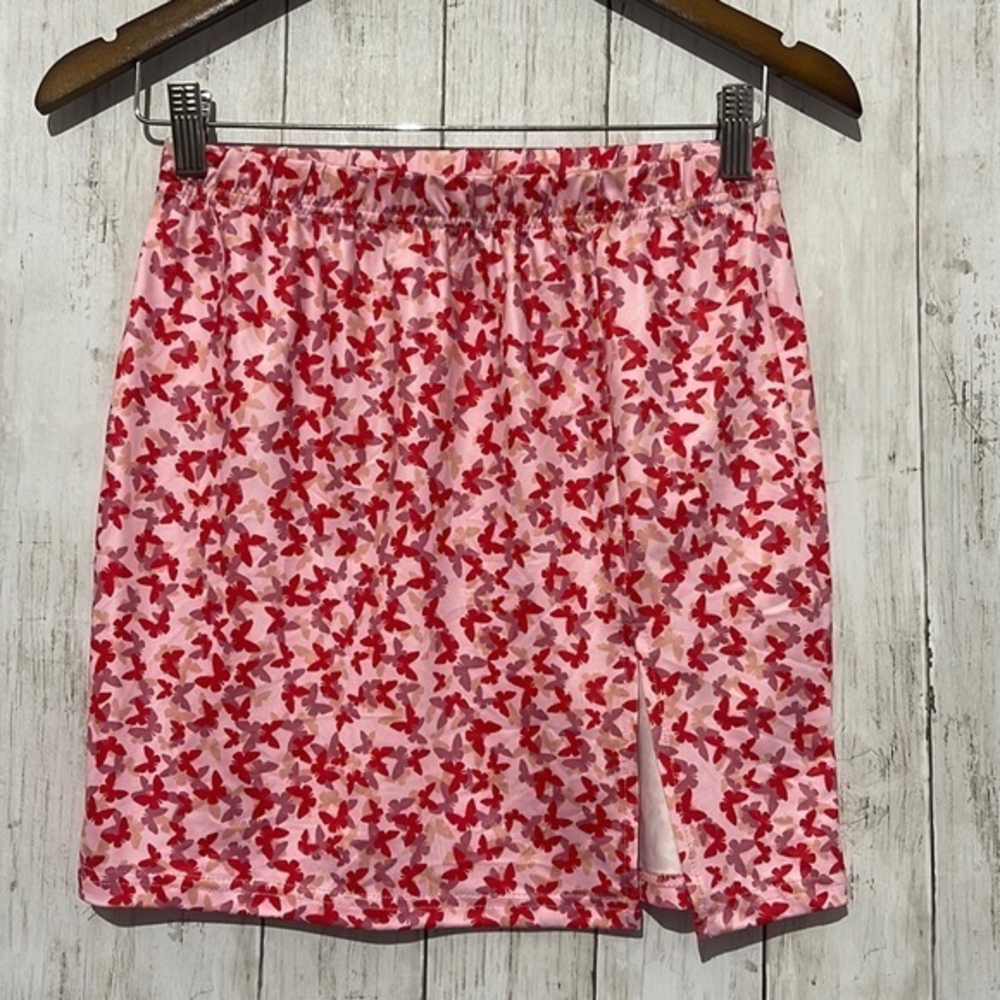 SHEIN Small Butterfly Print Mini Skirt Womens Pink Red Y2K Side Slit Elastic